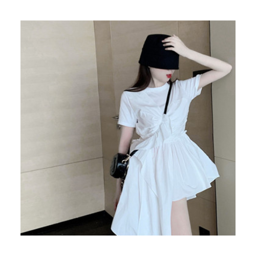 2021夏季新款女装气质短袖裙子小众荷叶边A字裙白色不规则连衣裙图3