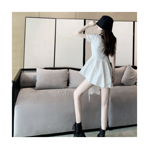 2021夏季新款女装气质短袖裙子小众荷叶边A字裙白色不规则连衣裙图2