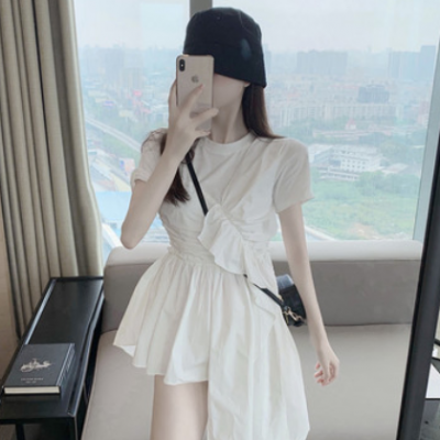 2021夏季新款女装气质短袖裙子小众荷叶边A字裙白色不规则连衣裙