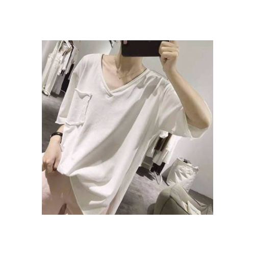 夏季含棉开叉t恤女学生韩版宽松卷边前短后长短袖v领休闲显瘦上衣图2