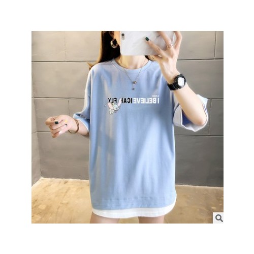 夏装2020款假两件韩版学生女宽松短袖t恤女中长款百搭大码上衣女图3