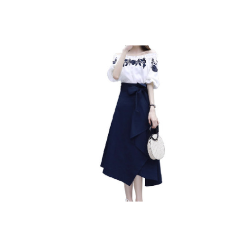 女神范连衣裙套装女春夏季2020新款气质韩版一字肩裙子刺绣两件套图1