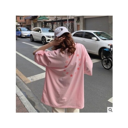 棉夏季大码女装胖mm短袖女学生韩版宽松网红同款星星中长款上衣潮图2