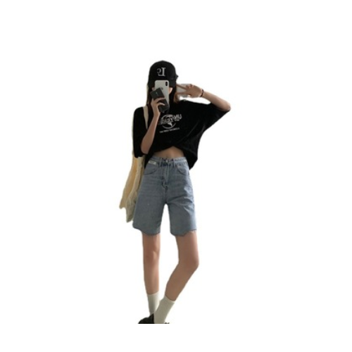2021新款韩版宽松高腰显瘦直筒浅色五分牛仔裤子女潮夏季一件代发图2