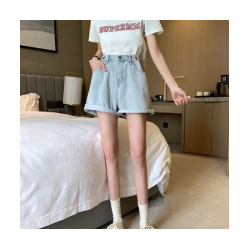 2021韩版新款多扣显瘦高腰遮肉减龄牛仔阔腿短裤女潮春夏一件代发