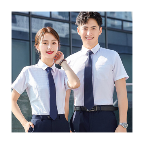 职业套装短袖蓝斜纹衬衣男女同款夏季衬衫销售工装工作服刺绣LOGO图2