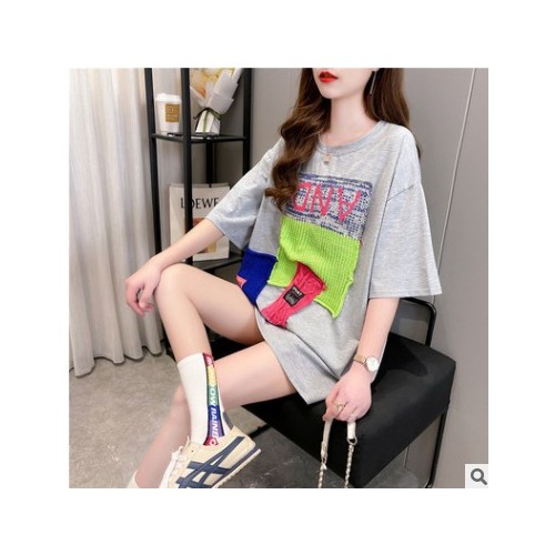盐系上衣小心机宽松大版女装绣花短袖T恤女中长款ins学生跨境外贸图3
