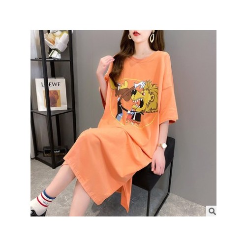 实拍大码女装夏季短袖T恤女宽松韩版宽松长款过膝遮肉显瘦连衣裙图3