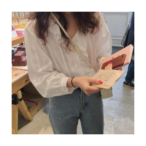 韩国ins刺绣花纹荷叶边V领长袖衬衫女春秋宽松纯色百搭白色上衣图1