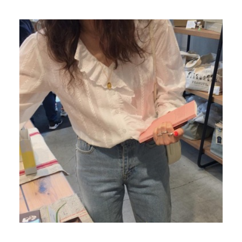 韩国ins刺绣花纹荷叶边V领长袖衬衫女春秋宽松纯色百搭白色上衣图2