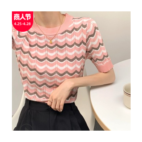 春夏款2021韩风chic上衣韩版修身显瘦波浪条纹冰丝针织短袖T恤女图2