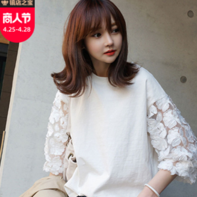 新疆棉2020夏新款蕾丝七分袖女t恤学生韩版小衫圆领bf宽松上衣