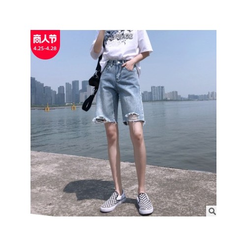牛仔短裤女夏装2021新款韩版宽松破洞高腰显瘦百搭直筒阔腿五分裤图1