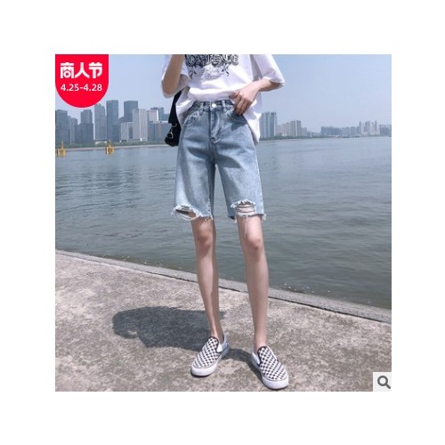 牛仔短裤女夏装2021新款韩版宽松破洞高腰显瘦百搭直筒阔腿五分裤图3