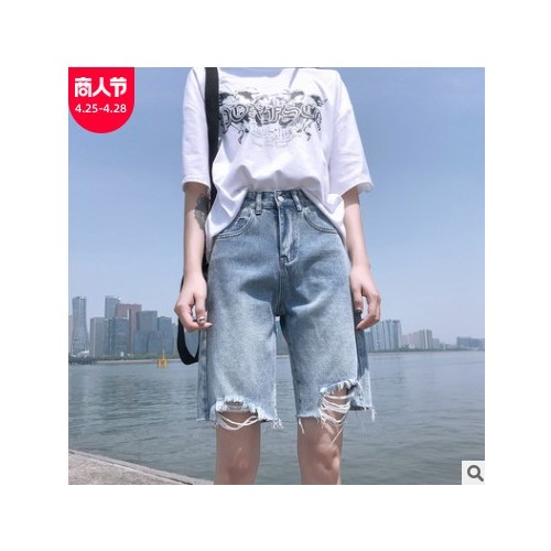 牛仔短裤女夏装2021新款韩版宽松破洞高腰显瘦百搭直筒阔腿五分裤图2