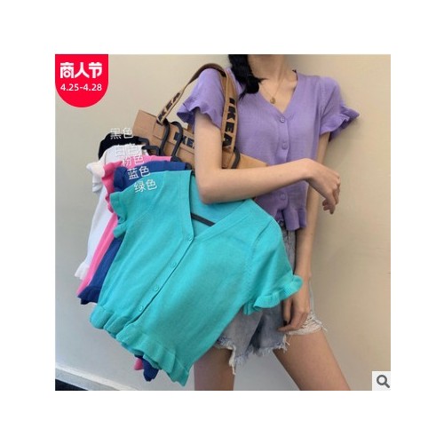 v领花边短款开衫外套女针织衫薄款夏季2021新款韩版短袖打底上衣图1