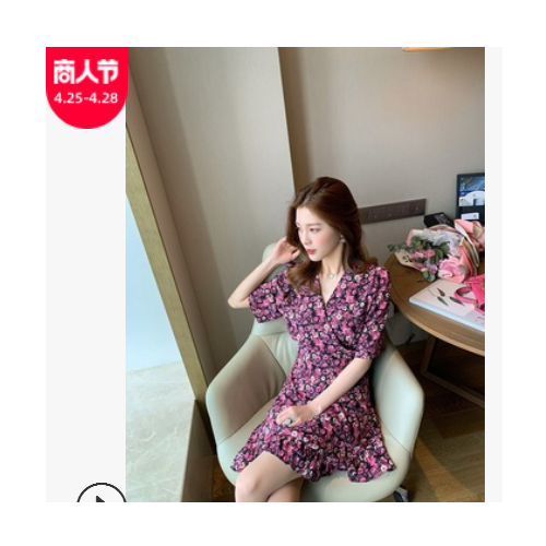 2021新款夏季韩版洋气收腰显瘦碎花连衣裙时尚显瘦不规则V领裙子图3