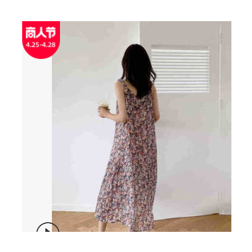 法式慵懒气质V领温柔风长裙女韩版chic高腰显瘦碎花吊带连衣裙女图3