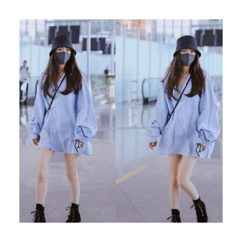杨幂机场同款浅蓝色条纹长袖衬衫女宽松蚂蚁刺绣花中长款衬衣