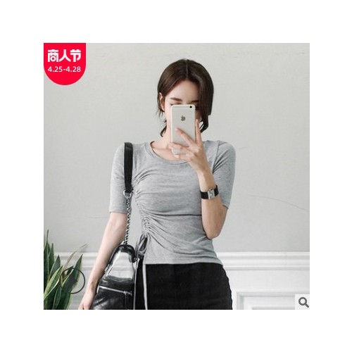 短袖t恤女韩版性感修身纯色时尚抽褶夏季衣服女2021新款女装 夏季图2