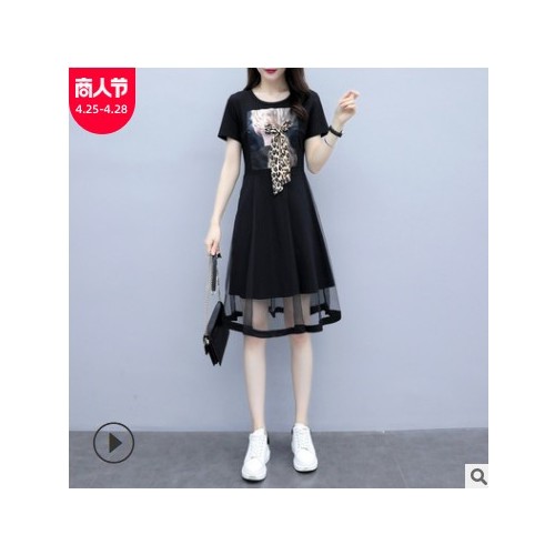 一件代发大码连衣裙夏季新款假两件套显瘦时尚网纱套装蝴蝶结裙子图1