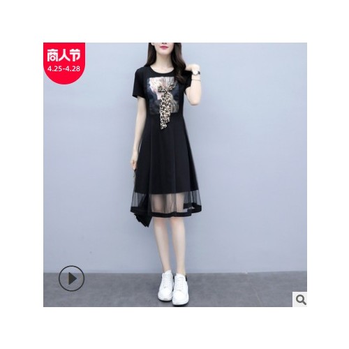 一件代发大码连衣裙夏季新款假两件套显瘦时尚网纱套装蝴蝶结裙子图2