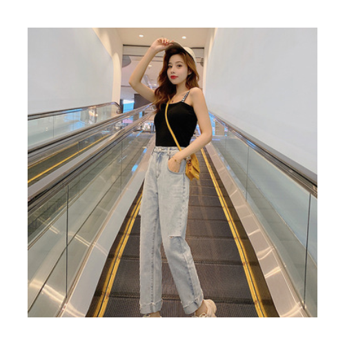 实拍现货2020春装新款韩版宽松个性珠片口袋女破洞显瘦百搭牛仔裤图2