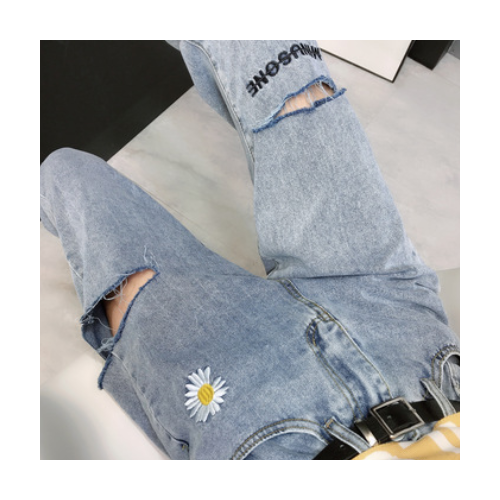 小雏菊破洞牛仔裤女直筒宽松2020新款高腰显瘦百搭刺绣九分老爹裤图1
