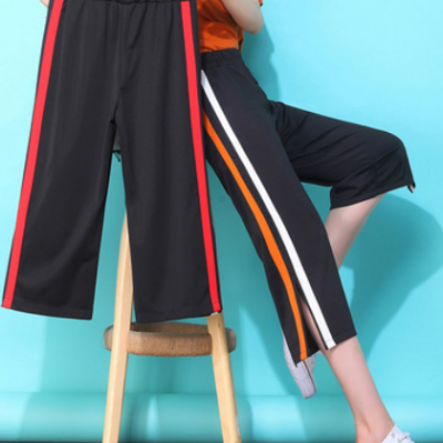高腰阔腿裤女2020夏季新款宽松韩版七分休闲裤开叉侧边条运动裤
