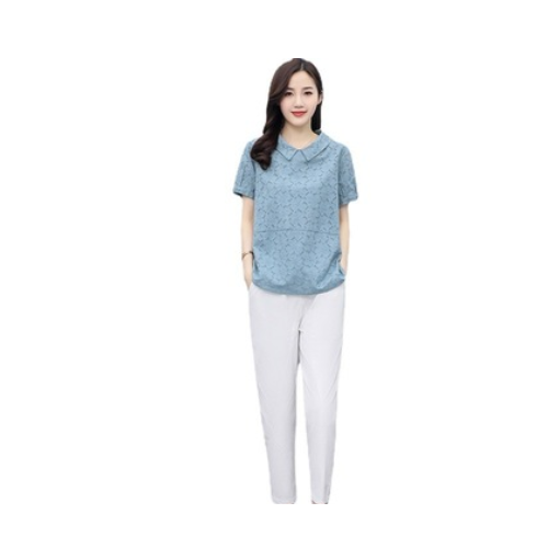 亚麻套装女2021夏天新款宽松短袖时尚翻领上衣休闲棉麻裤子两件套图2