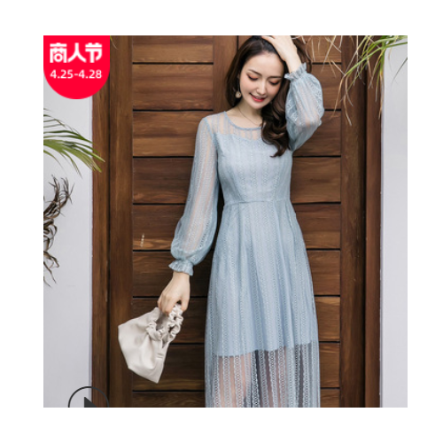 2021春季新款蕾丝连衣裙大码女装中长款修身显瘦气质A字裙子胖MM图3