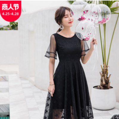 2021夏季新款蕾丝连衣裙胖MM修身气质裙大码显瘦女装中长款A字裙