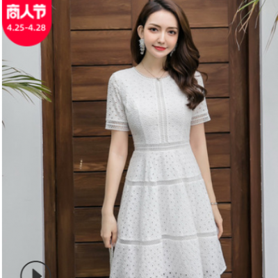 2021夏季新款蕾丝连衣裙大码女装收腰中长款修身显瘦胖mm夏装裙子