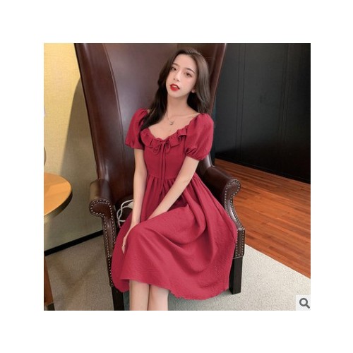 雪纺连衣裙女2021夏季新款跨境外贸女装显瘦气质方领荷叶边裙子图1