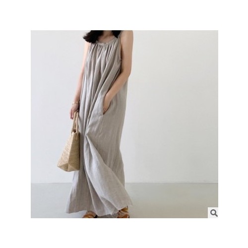 棉麻吊带连衣裙女夏2021新款韩版宽松大码亚麻文艺无袖过膝长裙子图1