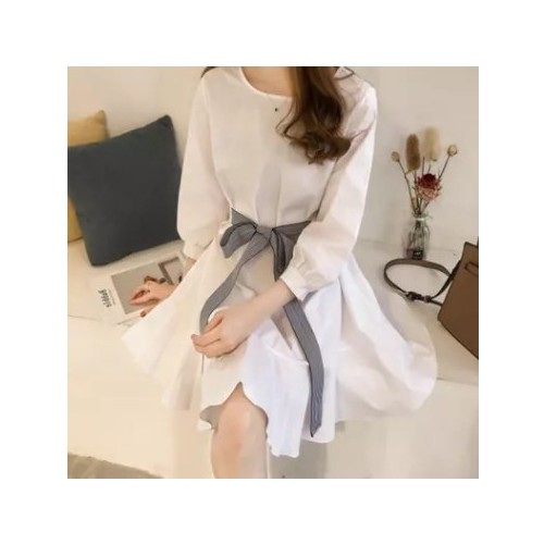2021夏季新款韩版胖mm大码女装宽松显瘦蝴蝶结中长款圆领连衣裙图2
