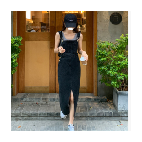 网红 开叉牛仔背带裙女早春新款宽松复古显瘦中长款吊带连衣裙图3