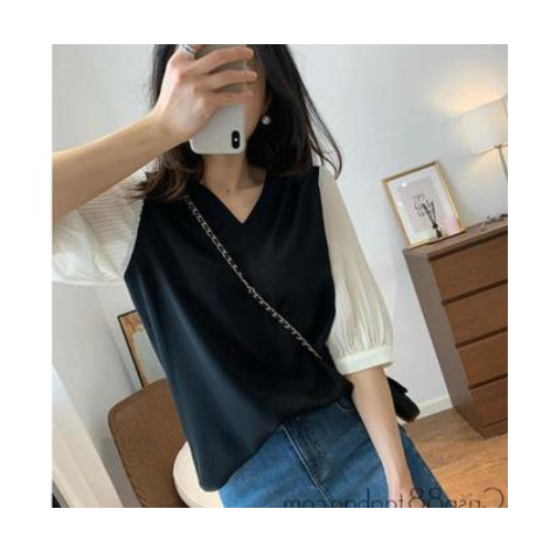 网红 2021春夏韩版黑白配色雪纺百褶七分袖宽松垂感显瘦衬衫女图2
