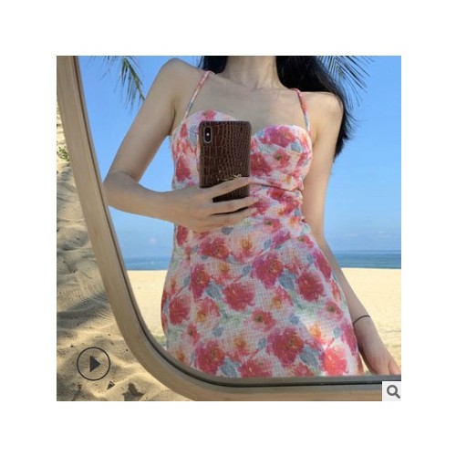 法式小吊带上衣女夏外穿短款性感挂脖无袖花朵辣妹背心女内搭打底图2