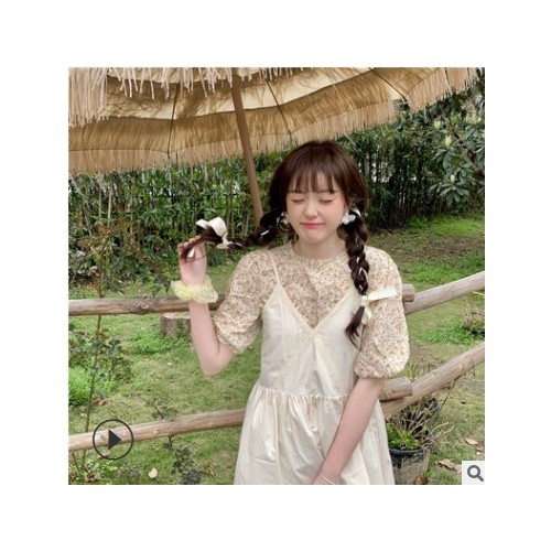 碎花甜美连衣裙女装夏季短袖小清新超仙森系中长款小个子吊带裙子图1