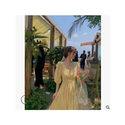 温柔风方领泡泡袖收腰初恋连衣裙女2021法式中长款显瘦过膝桔梗裙图3