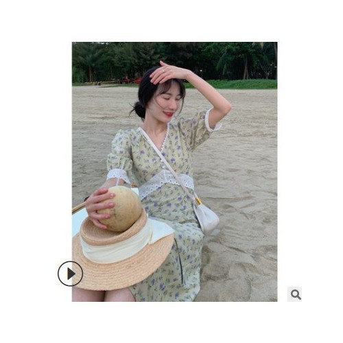 连衣裙女夏法式甜美温柔风裙子仙女碎花裙设计感v领长裙时尚甜美图1