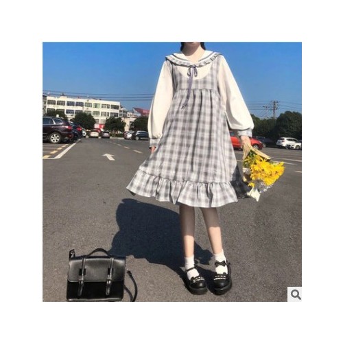 春秋新款甜美日系连衣裙女宽松学院风娃娃领长袖拼接格子中长裙子图2