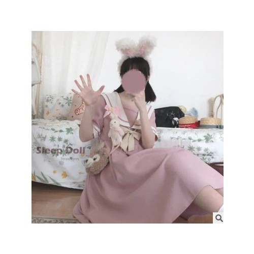 萌系奶糖jk夏季新款日系海军领连衣裙女学生韩版宽松中长款水手服图2