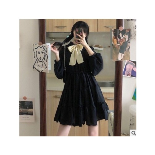 仙女裙子秋季学院风蝴蝶结娃娃领收腰长袖大裙摆荷叶边公主连衣裙图3