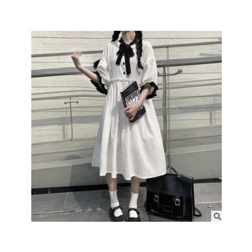 夏季新款法式学院风女学生荷叶边甜美蝴蝶结宽松显瘦a字裙中长裙图2