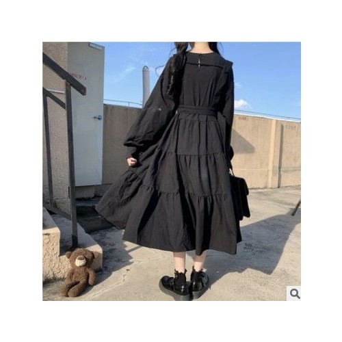 春秋日系短袖小黑裙复古法式连衣裙女学生韩版宽松皱褶气质A字裙图2