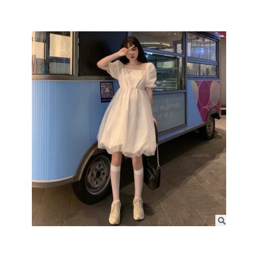 超仙甜美初恋森系显瘦法式泡泡袖方领小白色仙女蓬蓬连衣裙子夏季图1