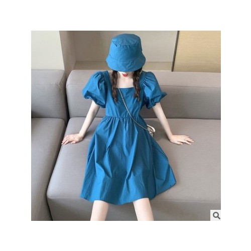 【送渔夫帽】2021新款女学生韩版宽松网红紫色赫本风泡泡袖连衣裙图1