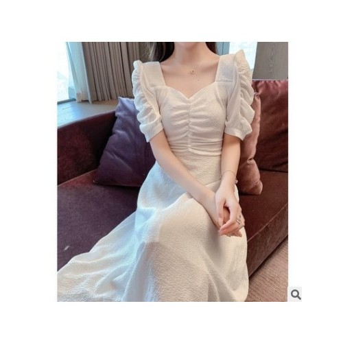 泡泡袖连衣裙女夏2021新款雪纺显瘦轻熟气质V领小香风中长款裙子图3